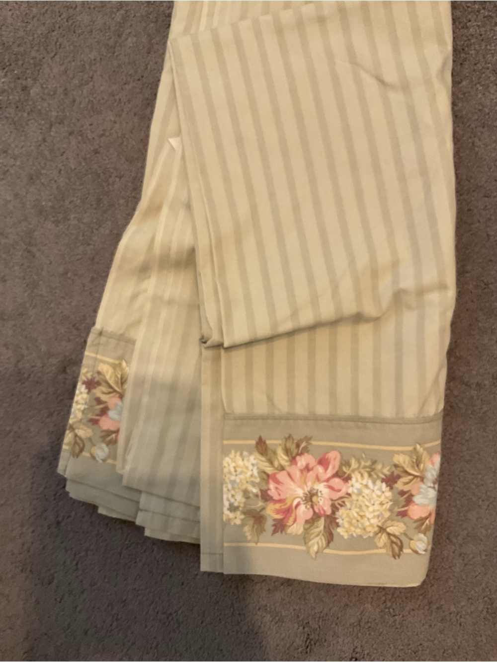 Vintage Laura Ashley Sage Striped Queen Flat Sheet with Floral Trim NWOT